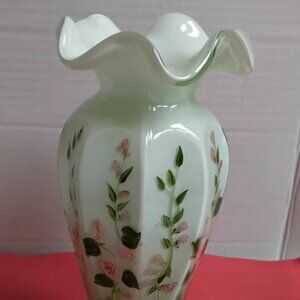 Fenton Opaline Green Cased Glass Ruffle Vintage Floral Hand Painted Roses Vase